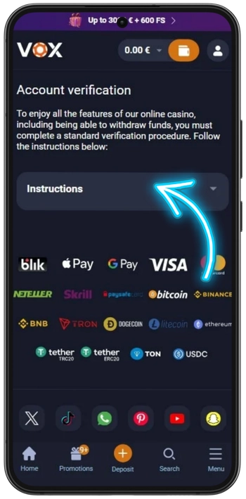 Potrditev profila in KYC v Vox Casino