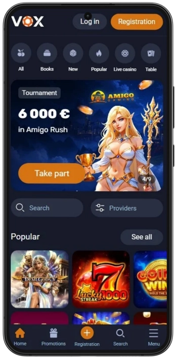 Odpiranje Vox Casino v mobilnem brskalniku